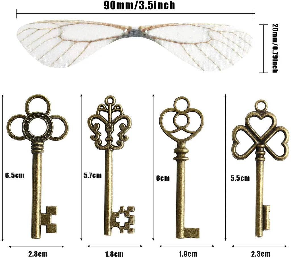 30Pcs Flying Keys Dragonfly Wing Charms Vintage Bronze Skeleton Key