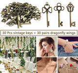 30Pcs Flying Keys Dragonfly Wing Charms Vintage Bronze Skeleton Key