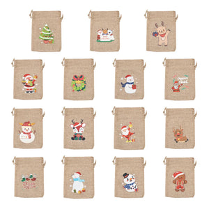 30Pcs Christmas Pattern Jute Gift Bags Burlap Drawstring Pouches
