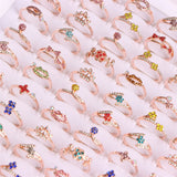 30Pcs Colorful Rhinestone Flowers Love Bow Crown Rings for Women Wedding Party