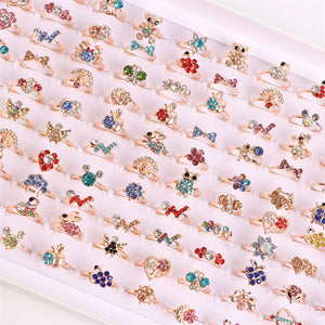 30Pcs Colorful Rhinestone Flowers Love Bow Crown Rings for Women Wedding Party
