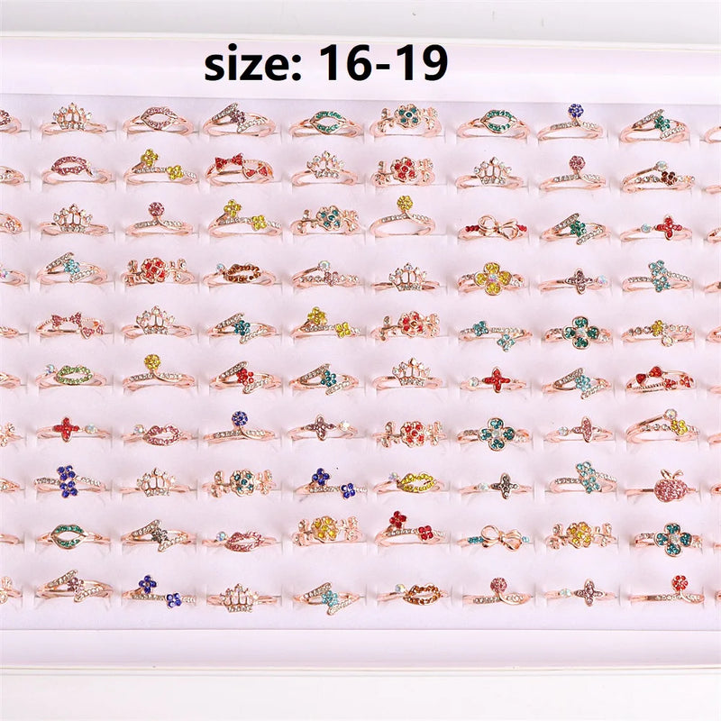 30Pcs Colorful Rhinestone Flowers Love Bow Crown Rings for Women Wedding Party
