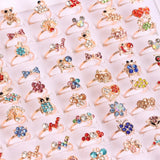 30Pcs Colorful Rhinestone Flowers Love Bow Crown Rings for Women Wedding Party