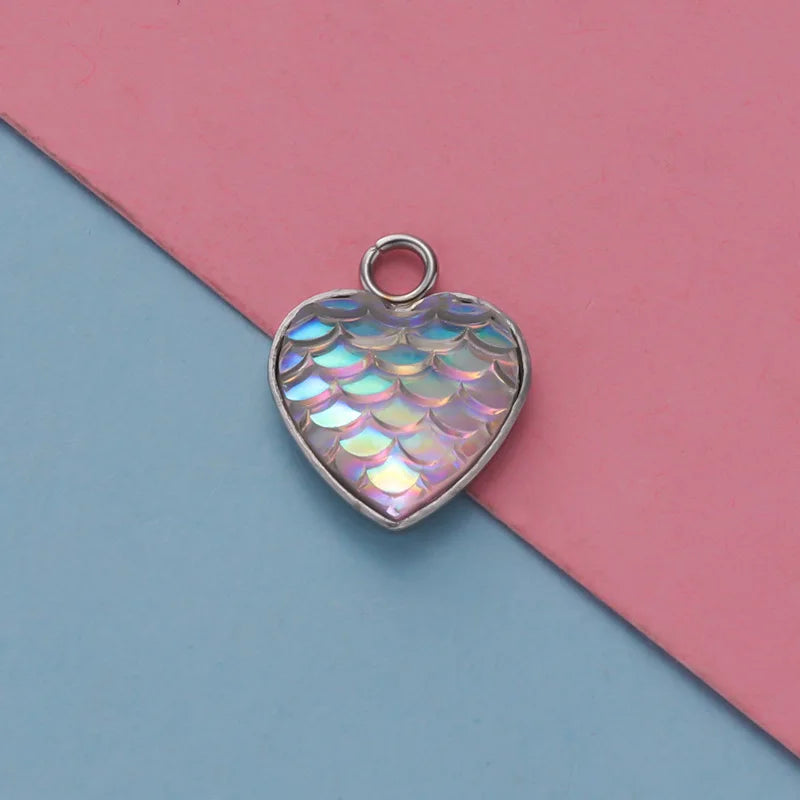 30Pcs Fish Scale Resin Pendants Heart Shape Druzy Charms DIY Jewelry