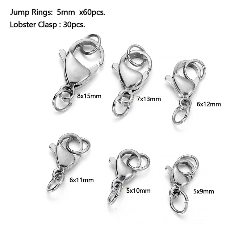 30Pcs Stainless Steel Lobster Claw Clasps Jump Rings for DIY Necklaces Bracelet
