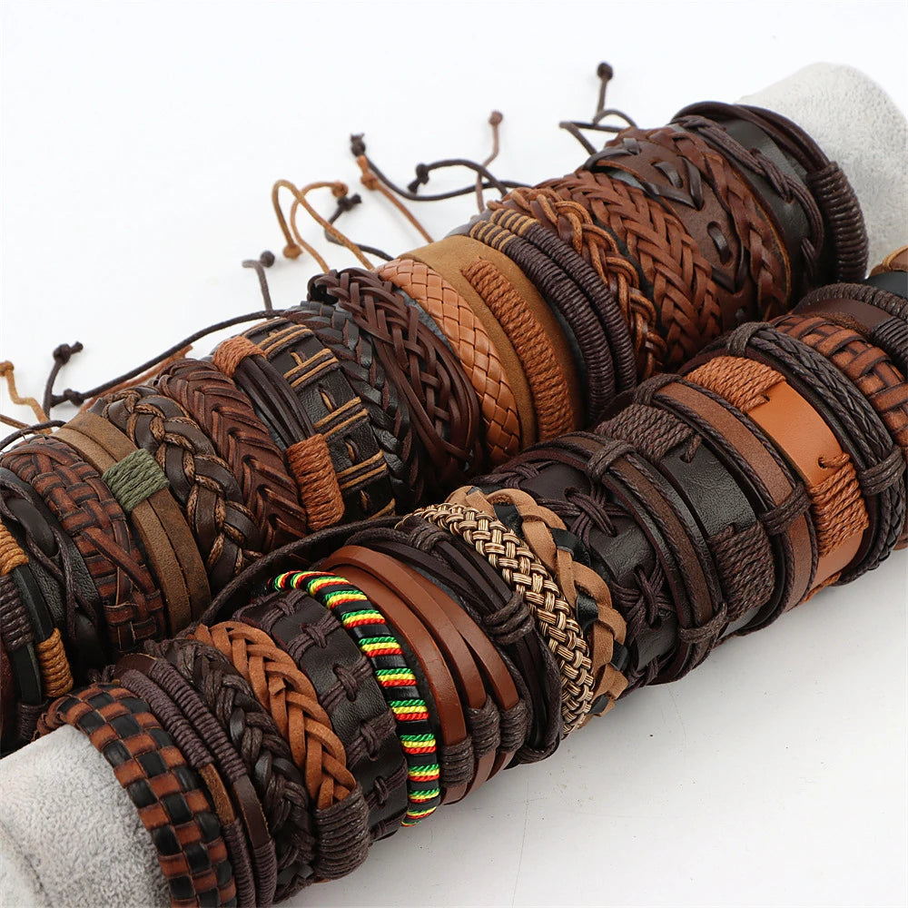 30Pcs Mixed Style Adjustable Braided Leather Bracelets Vintage Charm Jewelry
