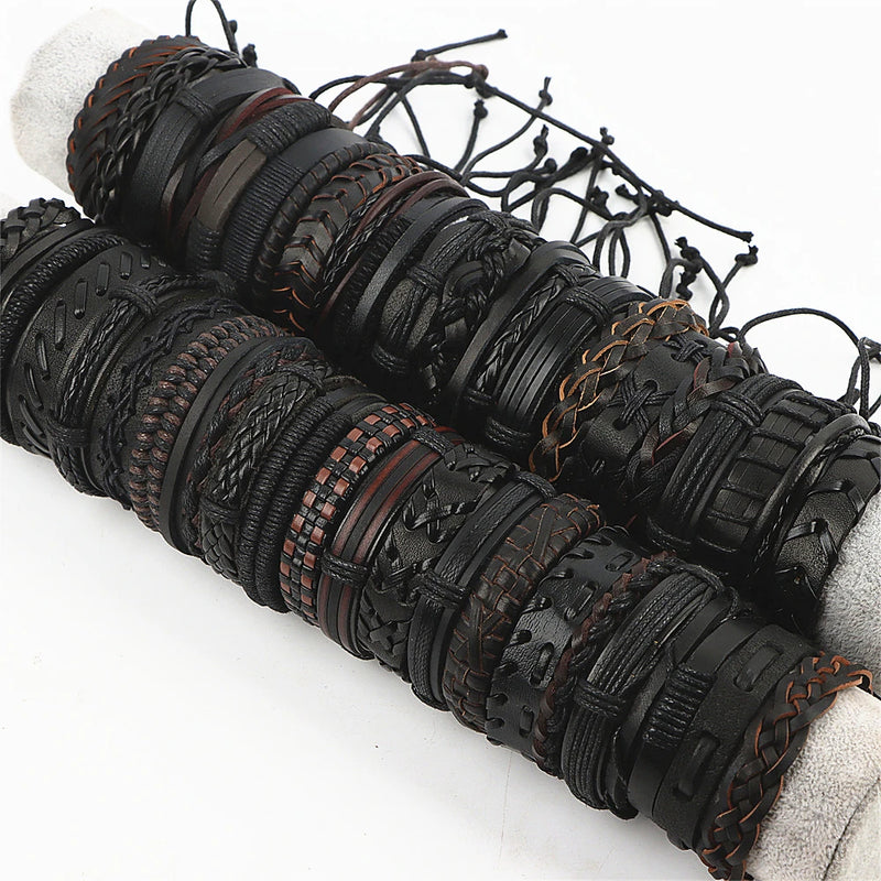 30Pcs Mixed Style Adjustable Braided Leather Bracelets Vintage Charm Jewelry