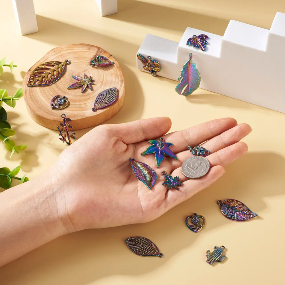 30Pcs Rainbow Flower Leaf Cactus Alloy Pendants Charms For Jewelry Making