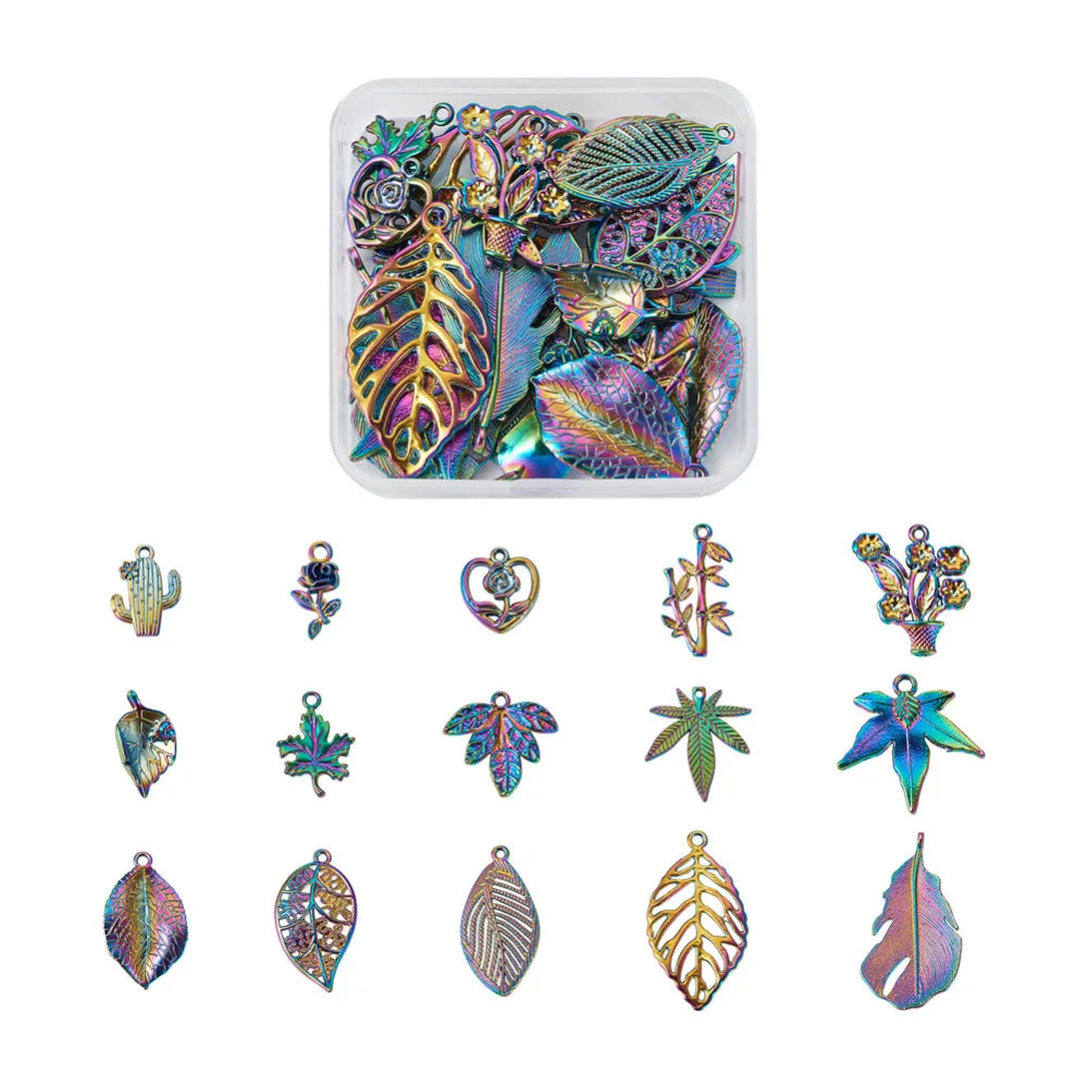 30Pcs Rainbow Flower Leaf Cactus Alloy Pendants Charms For Jewelry Making
