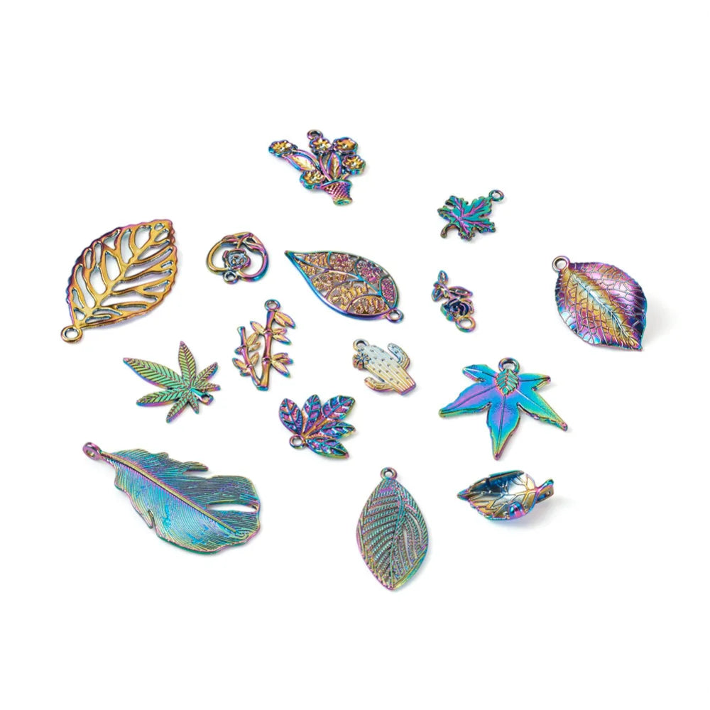 30Pcs Rainbow Flower Leaf Cactus Alloy Pendants Charms For Jewelry Making