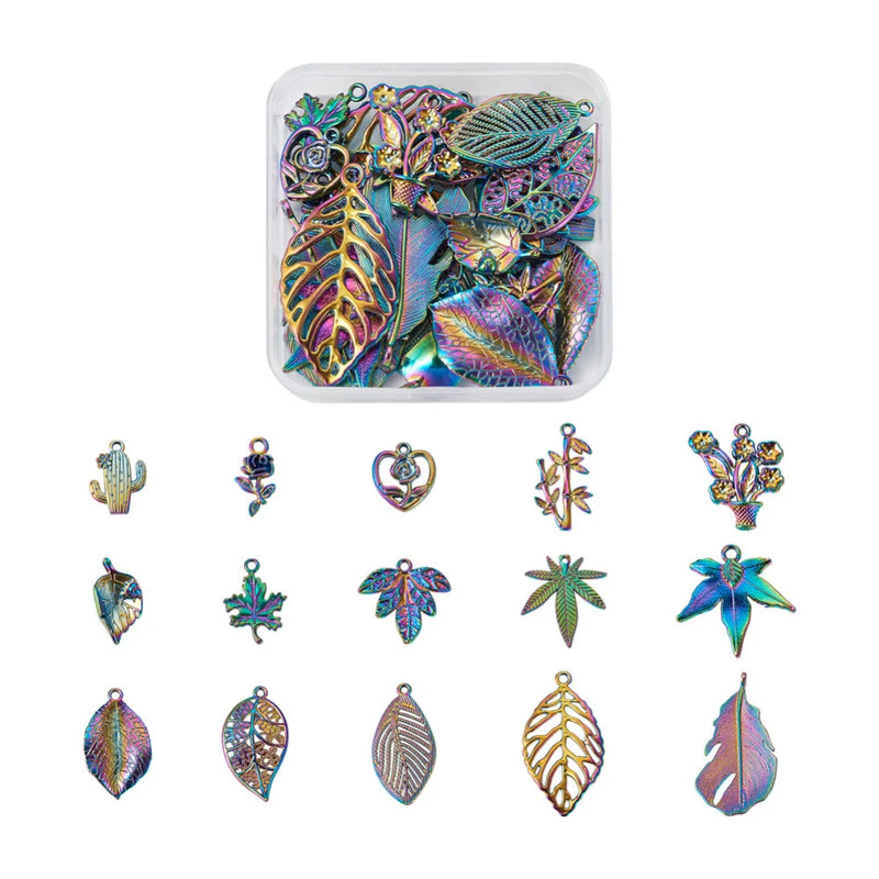 30Pcs Rainbow Flower Leaf Cactus Alloy Pendants Charms For Jewelry Making