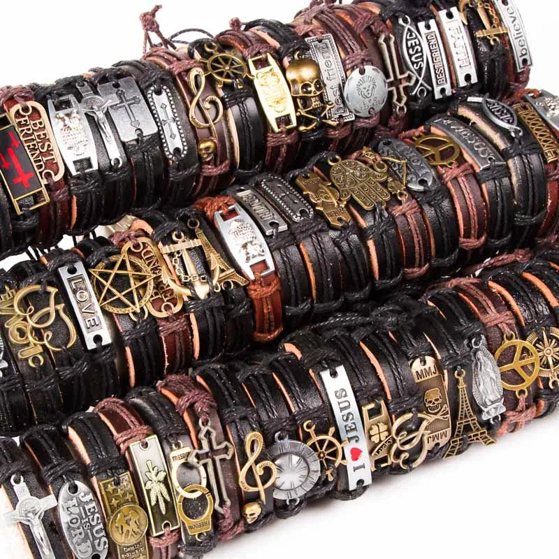 30Pcs Mix Styles Metal Leather Cuff Punk Jesus Biker Bracelets