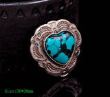 30mm Antique Silver Western Flower Engraved Heart Turquoise Leather Concho