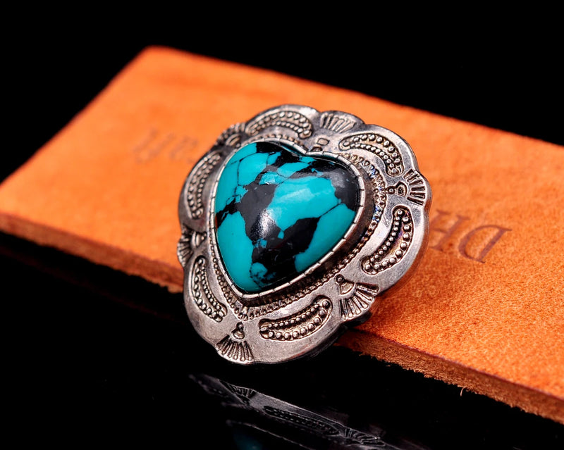 30mm Antique Silver Western Flower Engraved Heart Turquoise Leather Concho