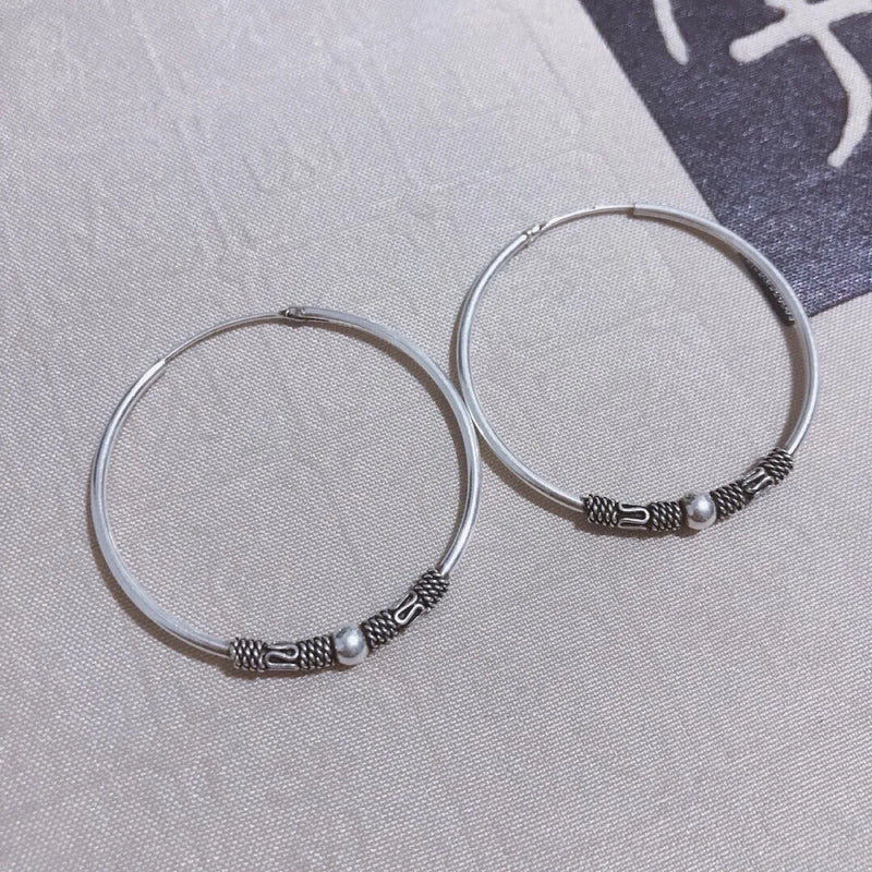 925 Silver Hoop Earrings Beads 4mm Thickness Vintage Style