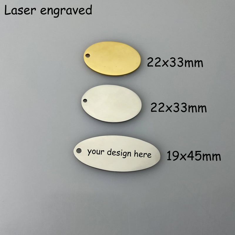 30pcs Oval Tags Laser Engraved Keychain Stainless Steel Bracelet Charms