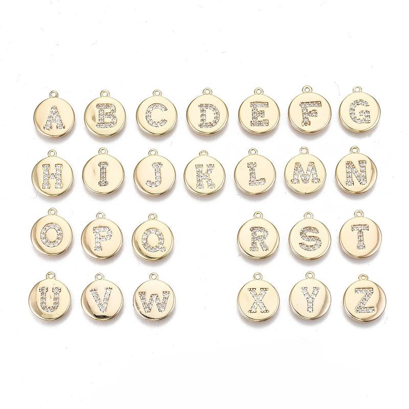 30pcs Micro Pave CZ Brass Pendants Flat Round Letter A~Z Charms Supplies