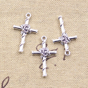 30pcs Cross Rose Flower Charms Antique Silver Pendants DIY Crafts