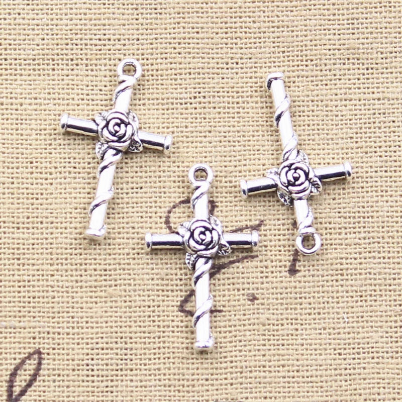 30pcs Cross Rose Flower Charms Antique Silver Pendants DIY Crafts