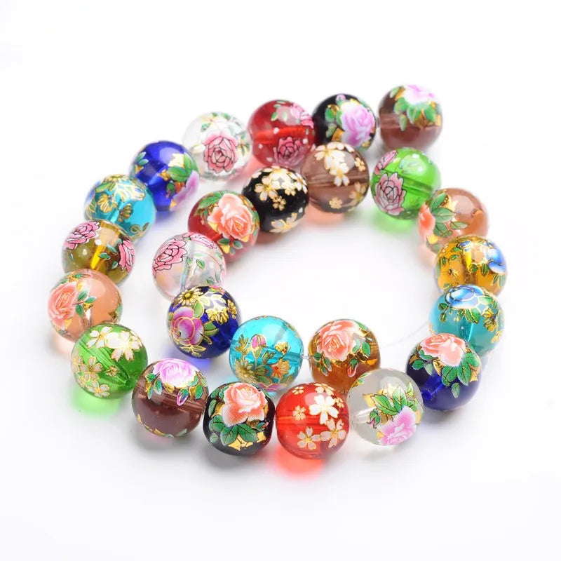 30pcs Colorful Flower Painted Lampwork Round Beads 14mm DIY Jewelry Making