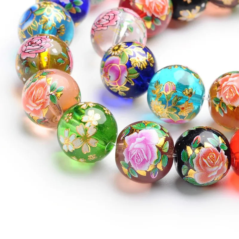 30pcs Colorful Flower Painted Lampwork Round Beads 14mm DIY Jewelry Making