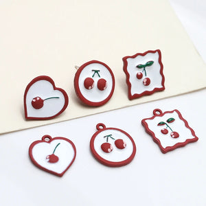 30pcs Red Cherry Geometry Charms Pendants Stud Earring Accessory
