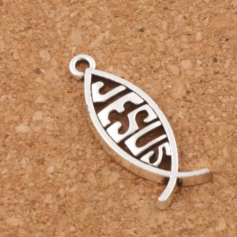 30pcs Hollow Jesus Fish Charm Beads Antique Silver Pendants Jewelry DIY