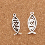 30pcs Hollow Jesus Fish Charm Beads Antique Silver Pendants Jewelry DIY