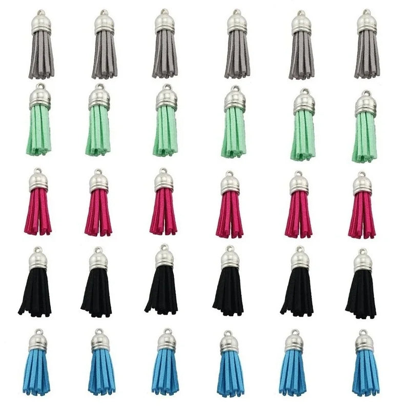 30pcs Mixed Suede Leather Tassel Keychain Cellphone Craft Charms Findings
