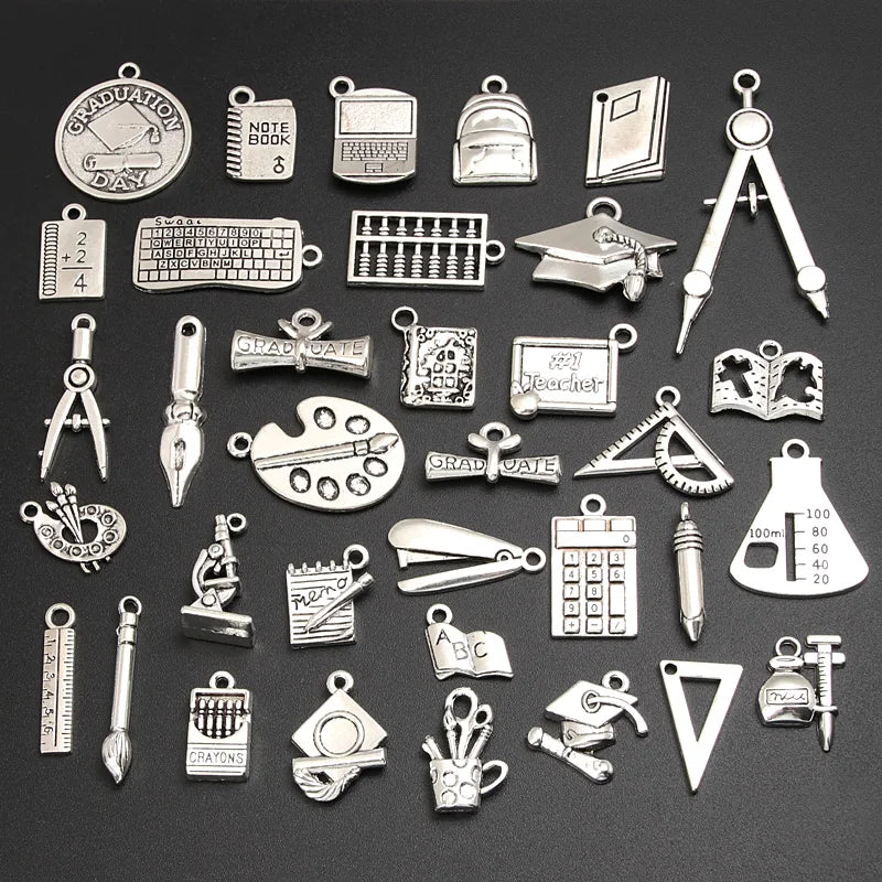 30pcs Random Mix Silver Book Bachelor Cup Pen Charms Pendant Making School Suppl