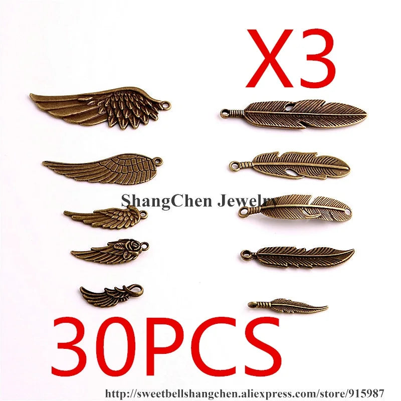30pcs Vintage Bronze Metal Small Wings & Feather Charms for Jewelry Making Diy