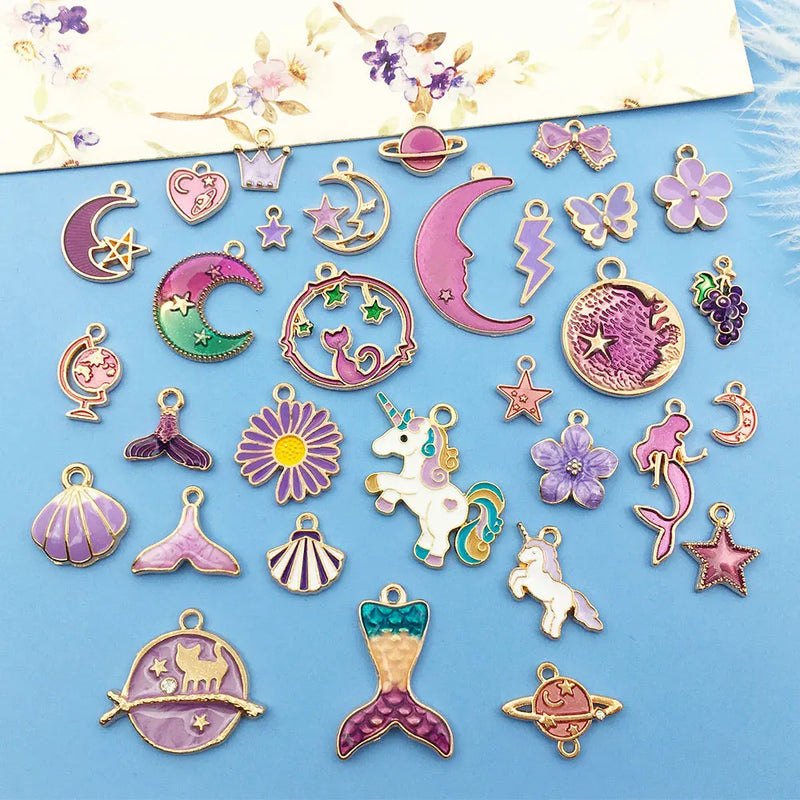 30pcs Zinc Alloy Enamel Purple Moon Star Charms for DIY Jewelry