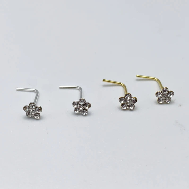 925 Sterling Silver Flower Clear Crystal L Shape Nose Studs