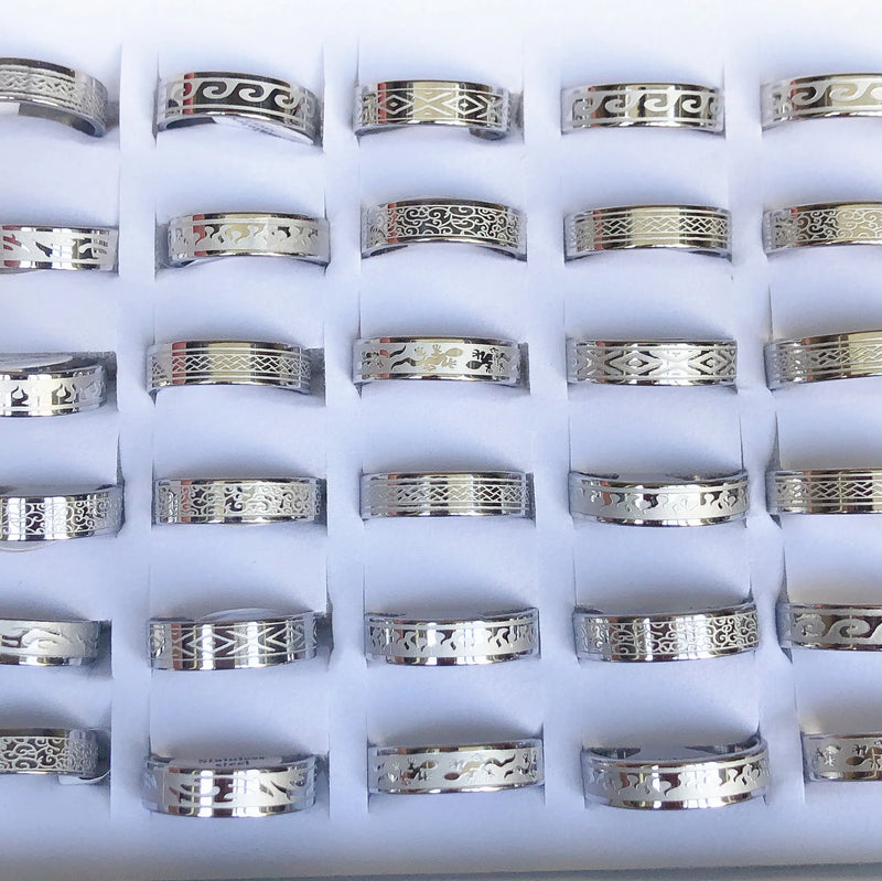 30pcs Stainless Steel Rings Mixed Patterns 6mm Wide Wedding Jewelry
