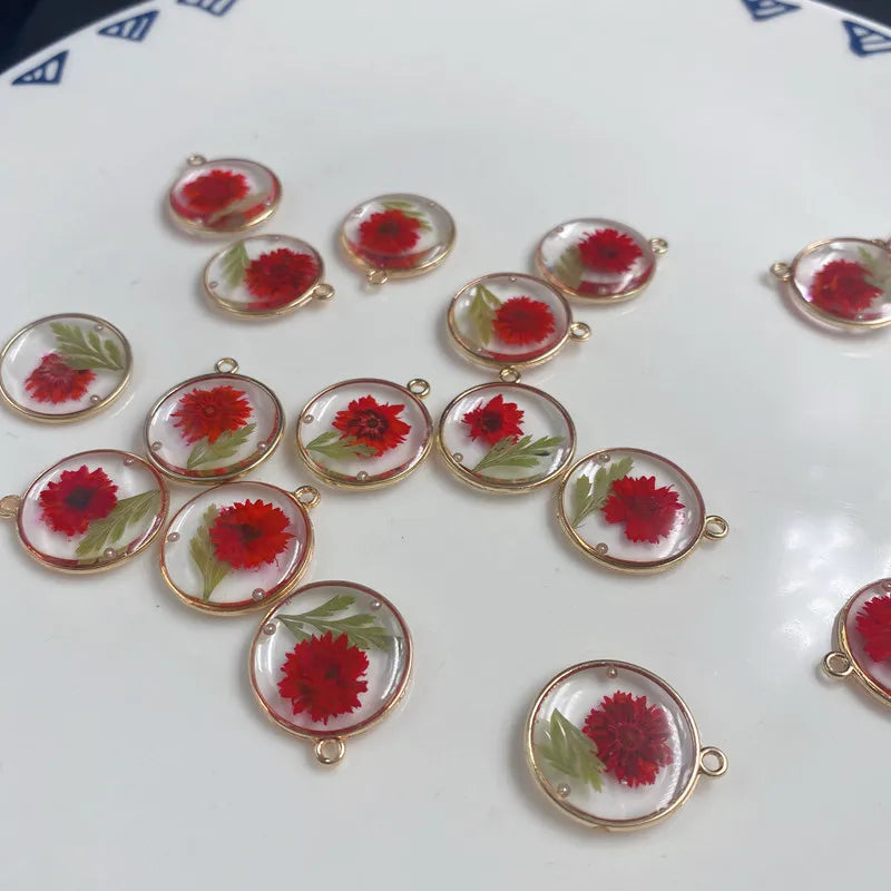 30pcs Natural Dried Flowers Core Epoxy Round Shape Alloy Floating Locket Charms