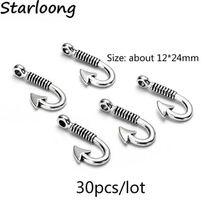 30pcs Vintage Silver Plated Fish Hooks Charm Pendants for Jewelry Making