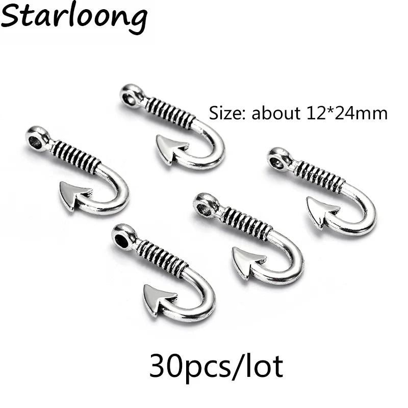 30pcs Vintage Silver Plated Fish Hooks Charm Pendants for Jewelry Making