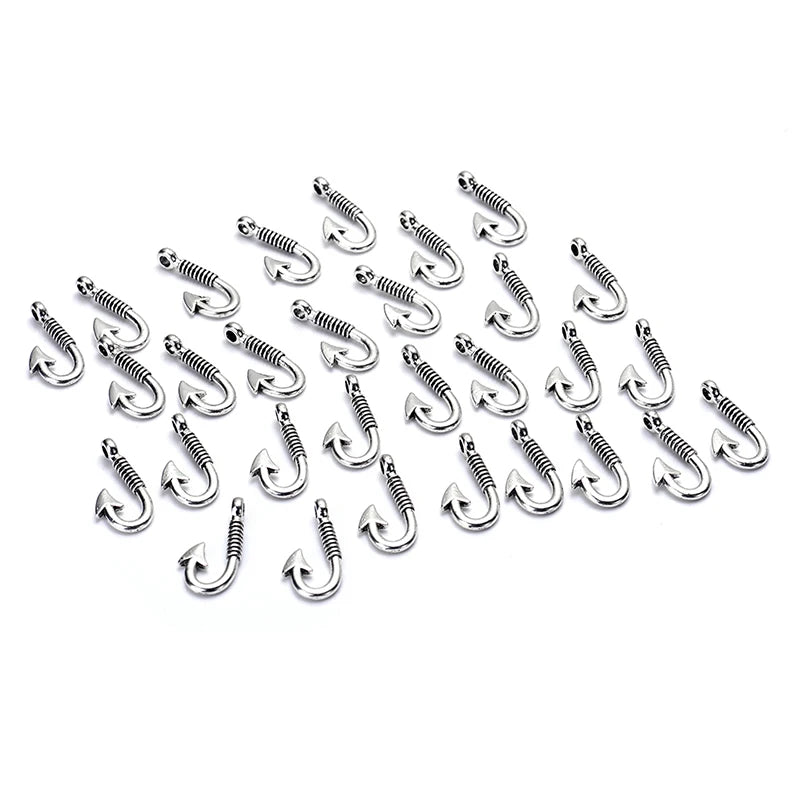 30pcs Vintage Silver Plated Fish Hooks Charm Pendants for Jewelry Making
