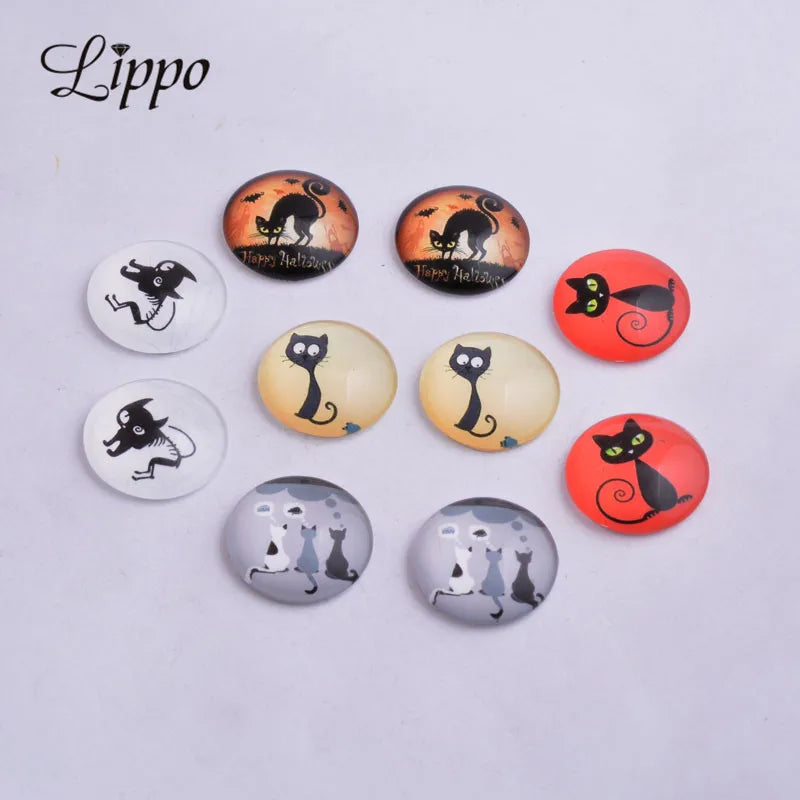 30pcs Mixed Round Cats Glass Cabochons DIY Earrings Base