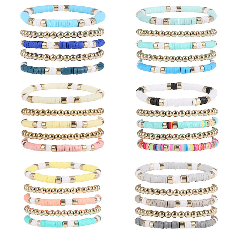Bohemian Polymer Clay Bracelets Set Colorful Beads Bangle Jewelry