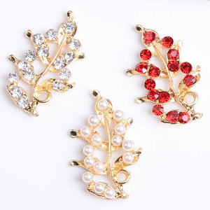 30pcs Red Rhinestone Leaf Flower Charm Pendant for DIY Wedding Jewelry Making