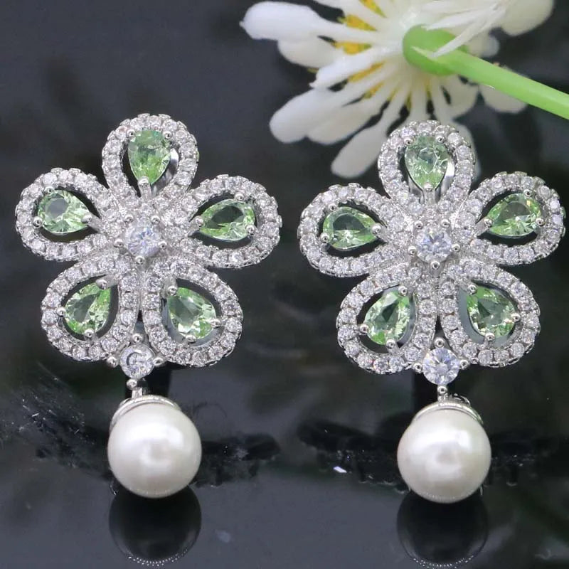 Flower Green Garnet Pink Kunzite Pearl Silver Earrings Pendant Set