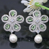 Flower Green Garnet Pink Kunzite Pearl Silver Earrings Pendant Set