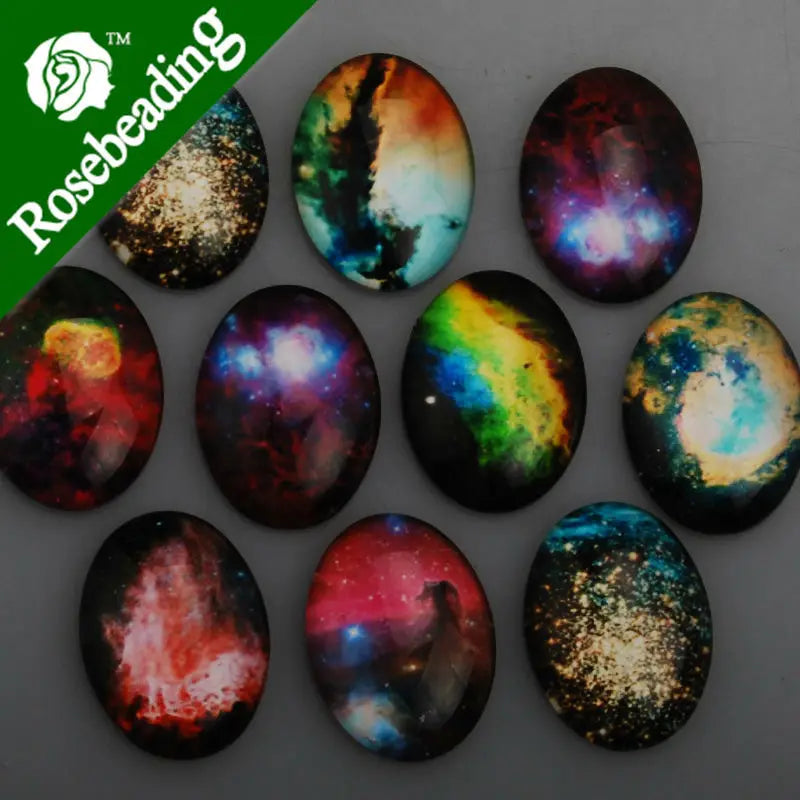 Mixed Starry Night Pattern Glass Cabochon 30x40mm Oval Flat Back 10pcs