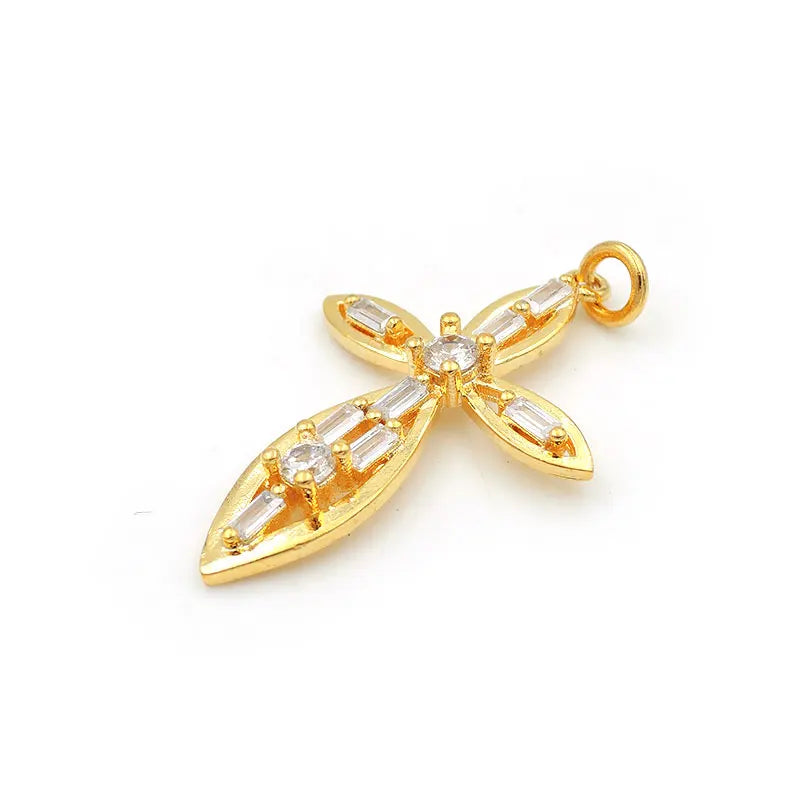 Micro Pave Clear CZ Leaf Cross Charm for DIY Bracelets Necklaces