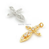 Micro Pave Clear CZ Leaf Cross Charm for DIY Bracelets Necklaces
