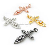 Micro Pave Clear CZ Leaf Cross Charm for DIY Bracelets Necklaces