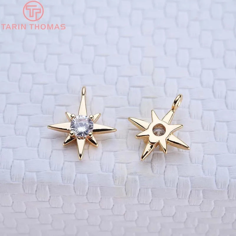 6PCS 11MM 24K Plated Brass Zircon Six-star Charms Pendants