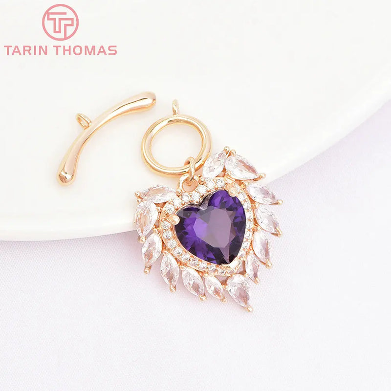 24K Plated Brass Zircon Heart Bracelet Toggle Clasps Jewelry Findings