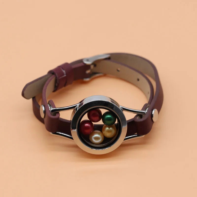 316L Stainless Pearl Locket Leather Bracelet Round Locket Leather Wrap Bracelet